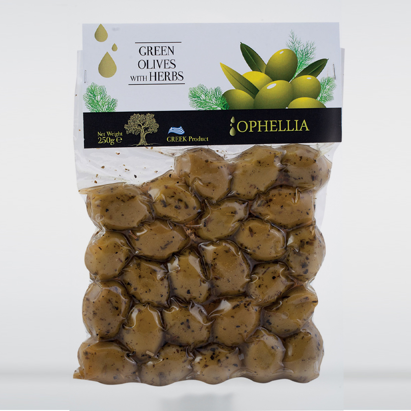 Green Olives with Herbs in Vacuum